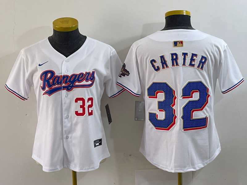 Womens Texas Rangers #32 Evan Carter Number White 2024 Gold Collection Limited Cool Base Jerseys
